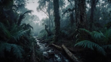 Obraz premium Misty Rainforest Stream with Lush Ferns and Towering Trees.