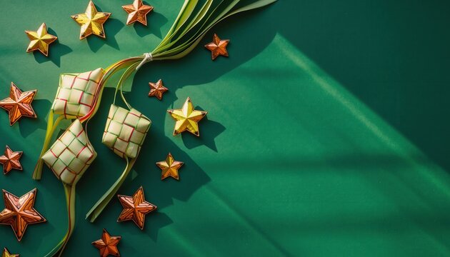 Festive ketupat and shimmering golden stars creating beautiful shadows on a vibrant green surface