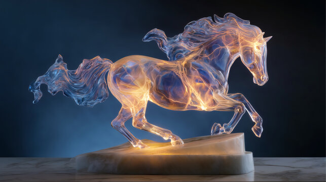 Luminous Glass Horse Sculpture Internal Orange Glow