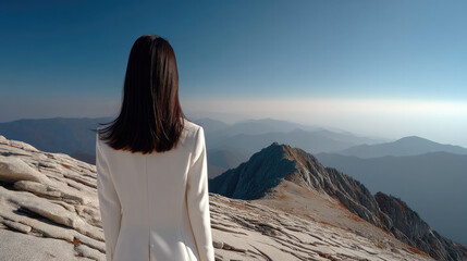 Woman in white suit standing on rocky mountain peak, gazing at distant misty mountains under clear blue sky, serene and contemplative mood