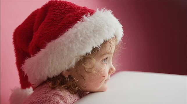Little girl wearing red Santa hat waiting for Christmas gifts.