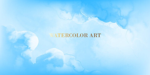 Fototapeta premium Blue sky, white clouds watercolor background. Soft elegant heaven vector illustration.