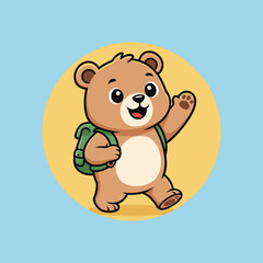 Fototapeta premium Cartoon bear with backpack waving hello.