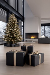 Fototapeta premium Modern Christmas interior with black gift boxes, golden ribbon, decorated tree, fireplace, cozy winter atmosphere, large windows, snow outside