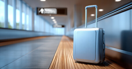 Silver hard- suitcase with extended handle standing on wooden floor in modern airport terminal corridor with blurred background