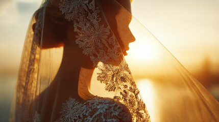A bride gracefully poses in profile, with a veil billowing in the wind, backlit by the warm, golden light of sunset