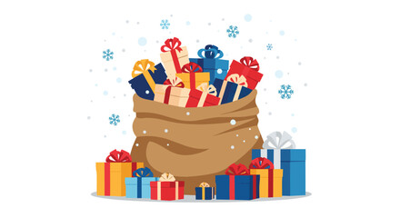 A large brown sack overflowing with numerous colorful wrapped gift boxes, surrounded by additional presents and falling snowflakes.