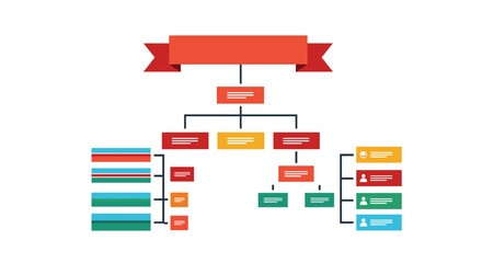 Abstract infographic template with interconnected blocks and a banner, representing data organization and business structure.
