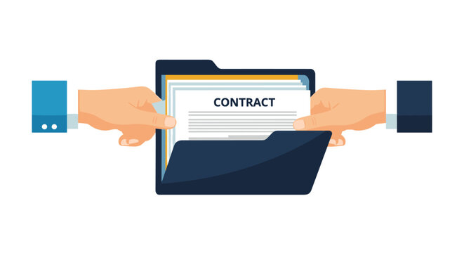 Two hands handle a contract document within an open file folder, symbolizing agreement, legal processes, or business transactions.