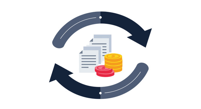 Illustration of a continuous cycle of documents and money, symbolizing financial transactions, business processes, and economic exchange.