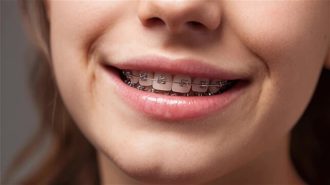 Ceramic dental braces on a smiling young girl showing her teeth.