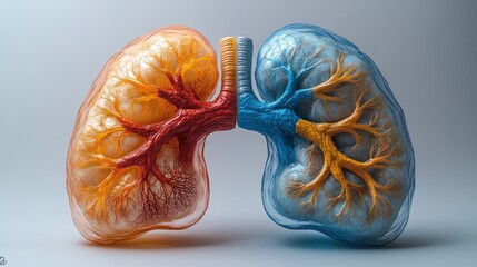 Transparent 3D model of lungs, showing branching airways and blood vessels