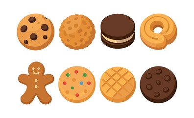 Obraz premium Cookie and biscuit assortment, flat vector illustration, dessert and sweets
