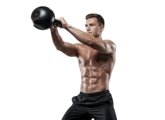 Muscular man training with kettlebell doing heavy workout