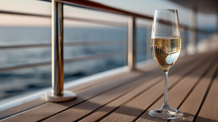 Champagne glass sparkling wine luxury yacht ocean sunset elegant celebration relaxation travel. tall champagne glass filled with sparkling wine
