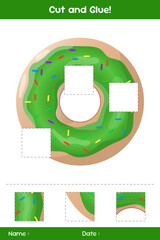 Cut and glue of donuts. Education paper game for kids. Glue game for kids. Educational children's game. Template for cut and glue