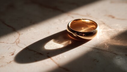 Golden ring with a smooth, polished surface casting a distinct video game character on a textured marble surface in warm natural light
