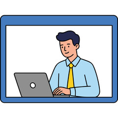 Smiling Businessman Working On Laptop Computer Typing Keyboard In Office With Yellow Tie And Blue Shirt During Daytime Professional Occupation And Technology Concept