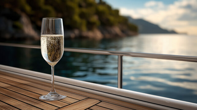 Champagne glass sparkling wine outdoor wooden table yacht sea scenic view summer luxury relaxation - Powered by Adobe