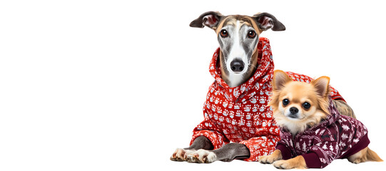 2 cute doggy friends in winter hoodies: chihuahua and greyhound / whippet sitting and looking direct with curiosity, isolated over transparent (white) background