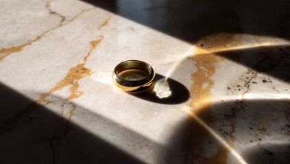 Golden ring with smooth, polished surface casting a distinct video game character on a textured marble tabletop illuminated by natural sunlight