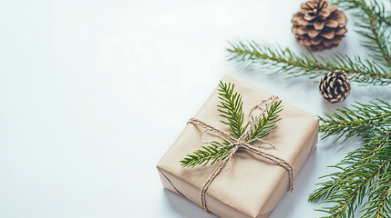 Minimalist Kraft Paper Gift Box with Pine Branches, Cones and Twine on White Background for Christmas Card, Eco-Friendly Packaging, Holiday Invitation

