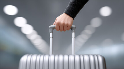 Close up of hand holding handle of silver rolling suitcase with blurred lights in background