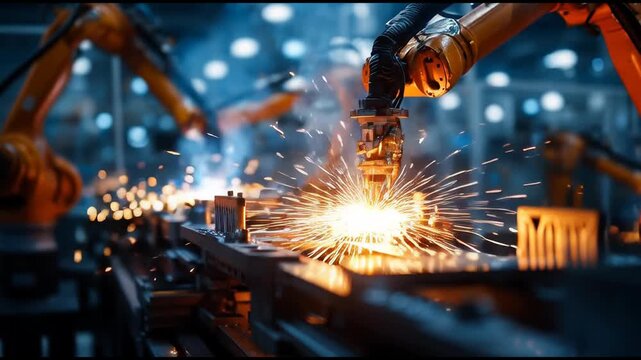 Robotic arms welding car parts with bright sparks in a factory.