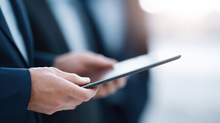 Close up of hands holding digital tablet with blurred business people in background showing teamwork and technology use