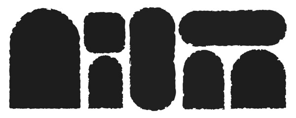 A set of black edge frames with jagged edges in rounded and arched shapes. Grunge-style elements.Curved vector silhouettes for collages, stickers, banners, labels, and text boxes