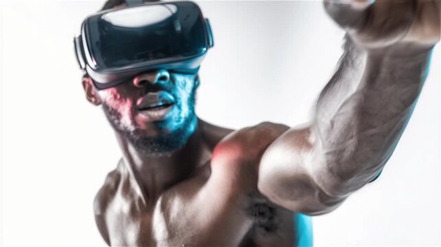 VR headset worn by muscular man during immersive boxing simulation.