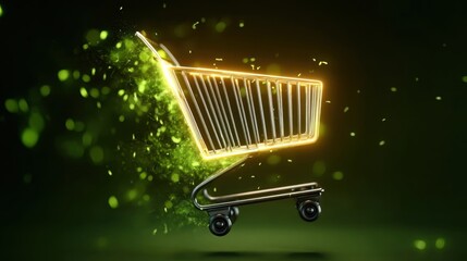 A glowing shopping cart disintegrates into green particles against a dark background, symbolizing digital transformation or futuristic commerce.