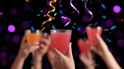 Celebration with hands raising colorful cocktail glasses and festive confetti on dark background