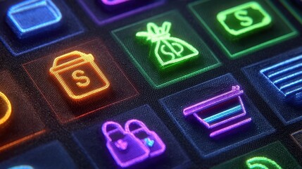 Neon icons of shopping and money symbols on a digital keyboard, representing e-commerce and online financial transactions.