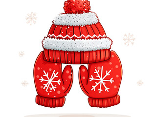 Cartoon Red Knit Hat and Snowflake Mittens Illustration for Winter Accessories, Kids Theme, Holiday Card, Educational Material, Social Media