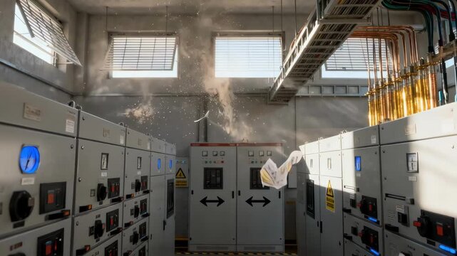 Medium shot of industrial switchgear room showing natural ventilation through open vents highlighting cooling and air circulation for electrical safety.
