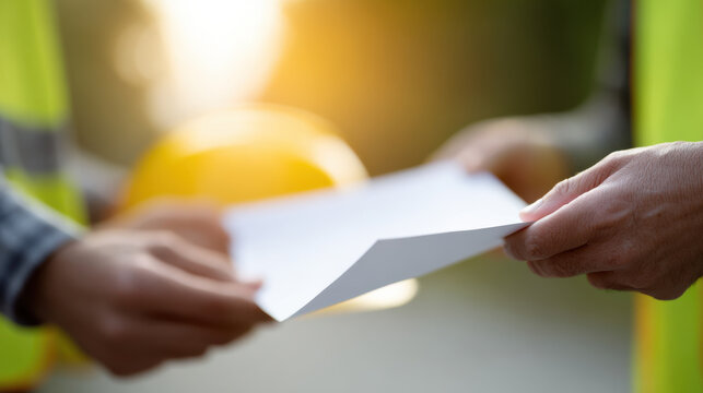 Close up of two workers hands exchanging document with blurred safety helmet and sunlight in background