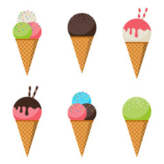 Ice cream set. Set of various ice cream. Colorful ice cream cones. Sweet ice cream. Cartoon cute style. Vector illustration