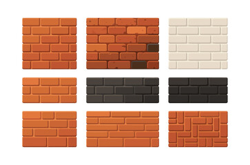 Brick pattern designs, wall textures, masonry examples, flat vector illustration