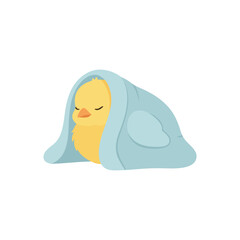 Cute chick sleeping under a blue blanket.