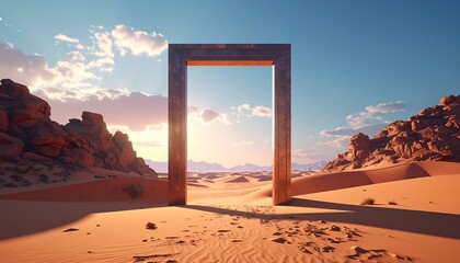 Desert landscape with a metal frame facing into the sunset with rocks, sand dunes, and a blue, cloudy sky