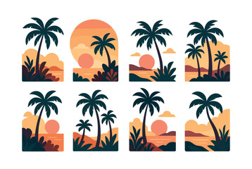 Fototapeta premium Tropical sunset landscapes, palm trees and ocean, flat vector illustration