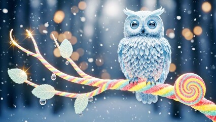 Obraz premium Whimsical Frosty Owl Perched on a Glowing Candy Cane Branch Christmas Decoration
