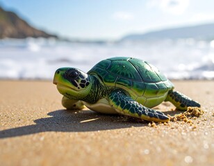 Turtle on sandy beach, ocean waves