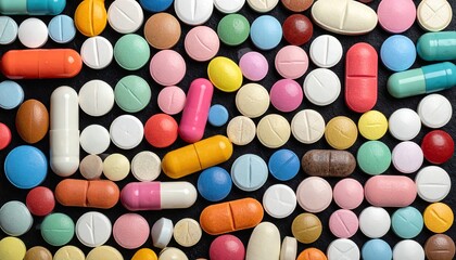 A Colorful Assortment of Various Pills and Capsules Scattered Across a Dark Surface Displaying a Medley of Shapes Sizes and Colors in a Close-Up Overhead Shot
