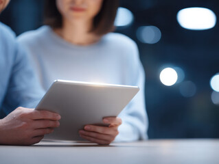 Two colleagues using digital tablet together in modern office with blurred lights creating focused and collaborative atmosphere