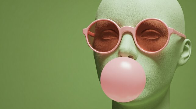 Green mannequin head with pink sunglasses blowing a bubblegum bubble on green background