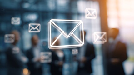 Futuristic Digital Email Icons Floating Over Blurred Office Background with Business Professionals