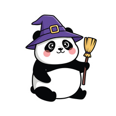 Cute Panda Witch with Broom for Halloween.