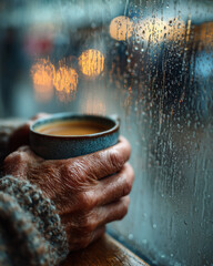 Introspection: Extreme Close-up of Hands Holding Warm Coffee Cup with Rainy Cafe Window Background